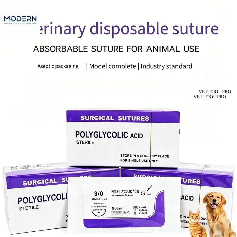 2026 New, High Quality, Veterinary Polyglycolic Sutures 0 2 3 4 Gauge 12 Pcs 90cm Round Reverse Thread for