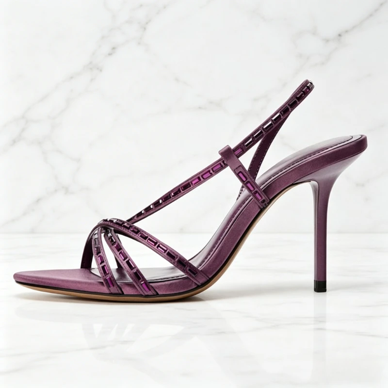 Purple Rhinestone Detail Heeled Sandals Women Sexy Open-toe Cross Tied Slingback Heels Fashion Round-toe Stiletto Designer Shoes view 2