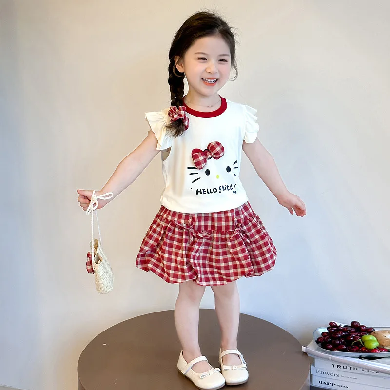 

Комплект из 2 предметов: аниме-костюм Hello Kitty с коротким рукавом и короткой юбкой, комплект из топа-жилетки и плиссированной юбки-торта для девочек, летняя одежда, праздничный подарок