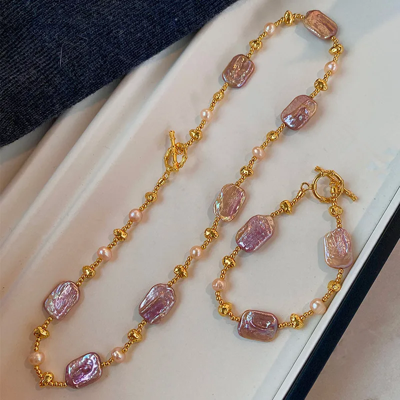 

High Quality Natural Baroque Square Freshwater Pearl 14K Gold Filled Ladies Jewelry Sets Necklace Bracelet No Fade