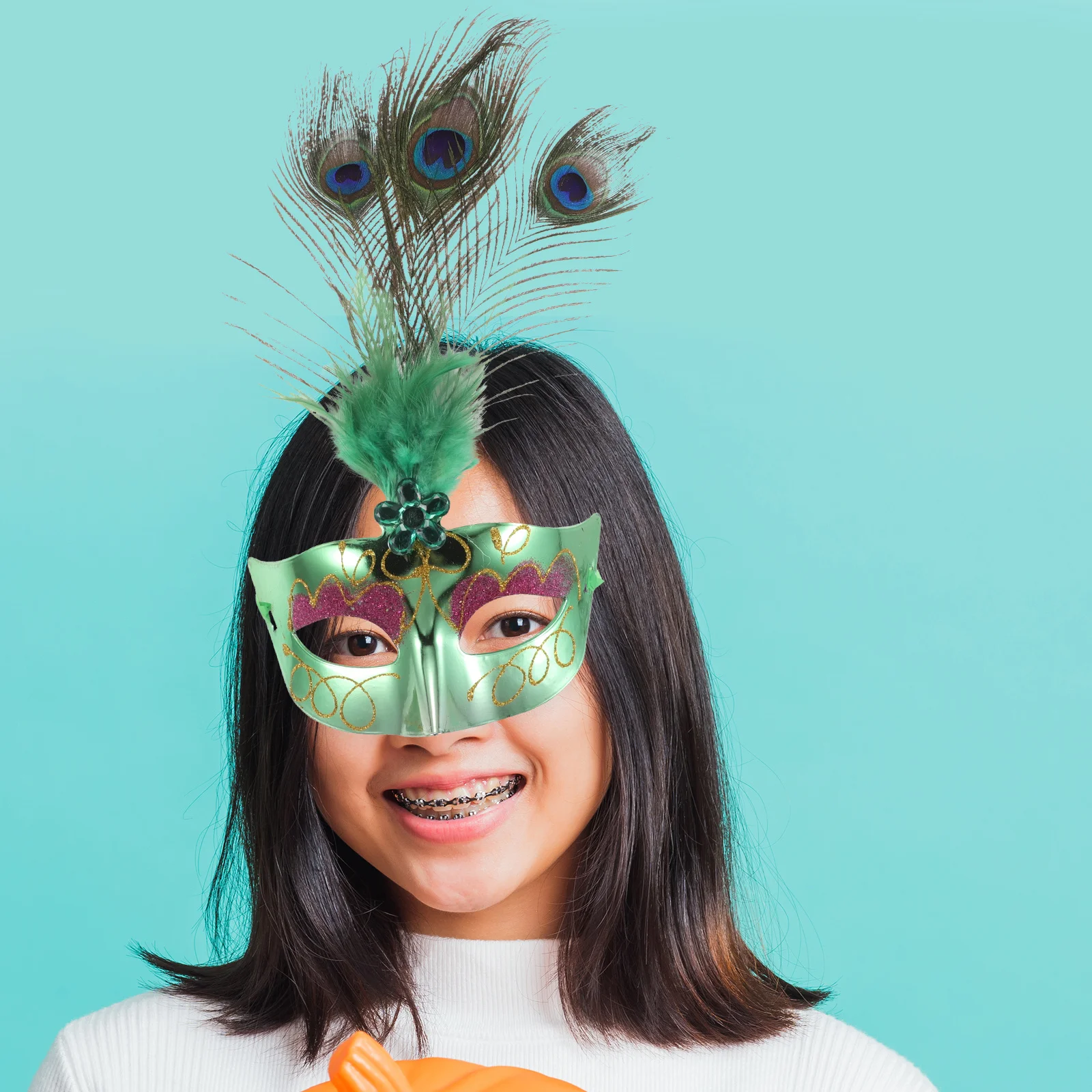 

Peacock Masquerade Mask Half Face with Golden Glitter and Vibrant Plume Luxury for Masquerade Ball Carnival