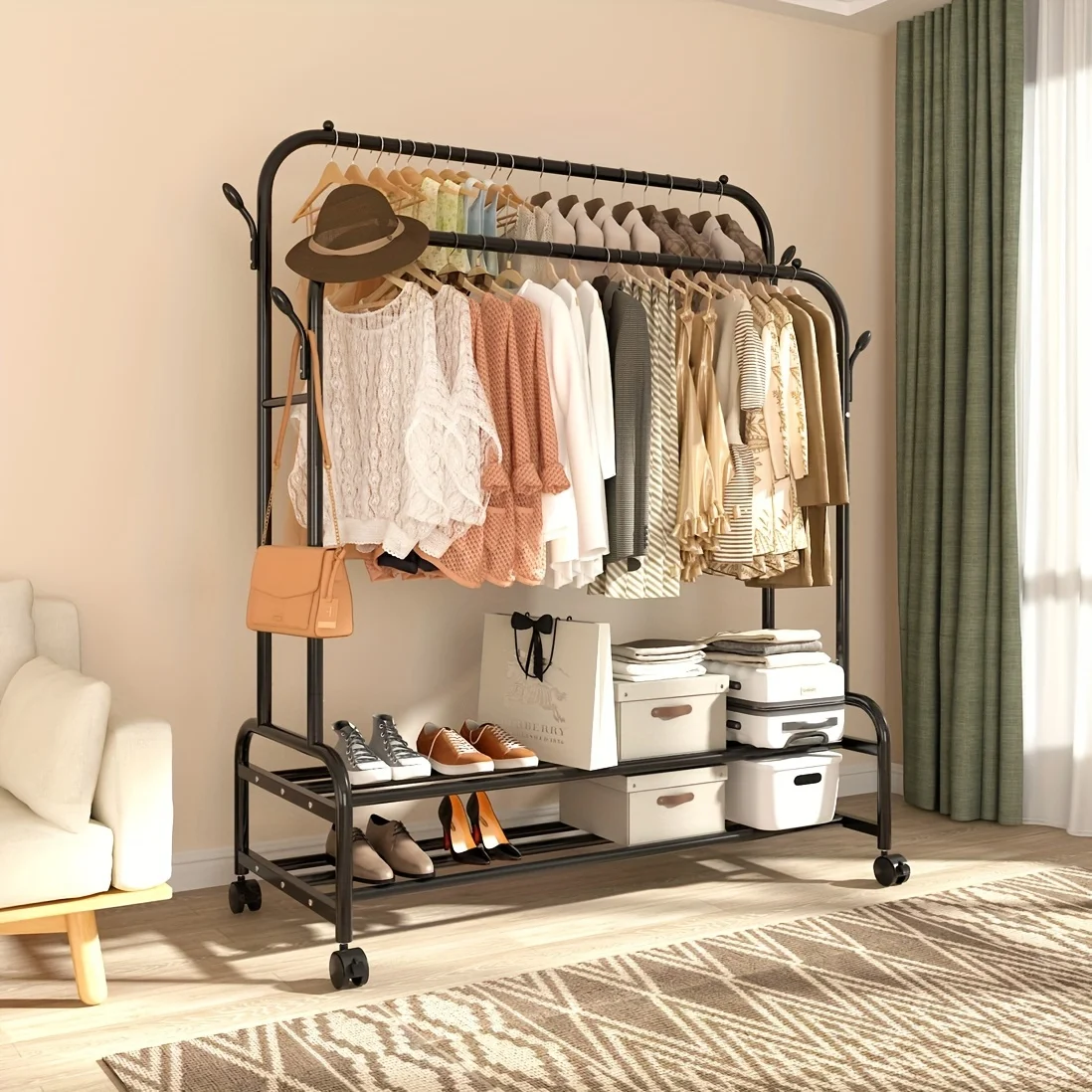 

Sturdy Metal Double Rodding Clothes Rack with Wheels, Portable Clothing Rack with Shelves & Hooks, Heavy Duty Garment Racks