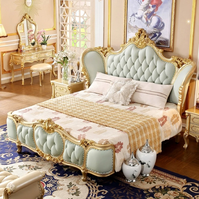 High End Double Bed European Castle Design Modern Floor Twin Bed Luxury Wood Girls Letto Matrimoniale Master Bedroom Furniture