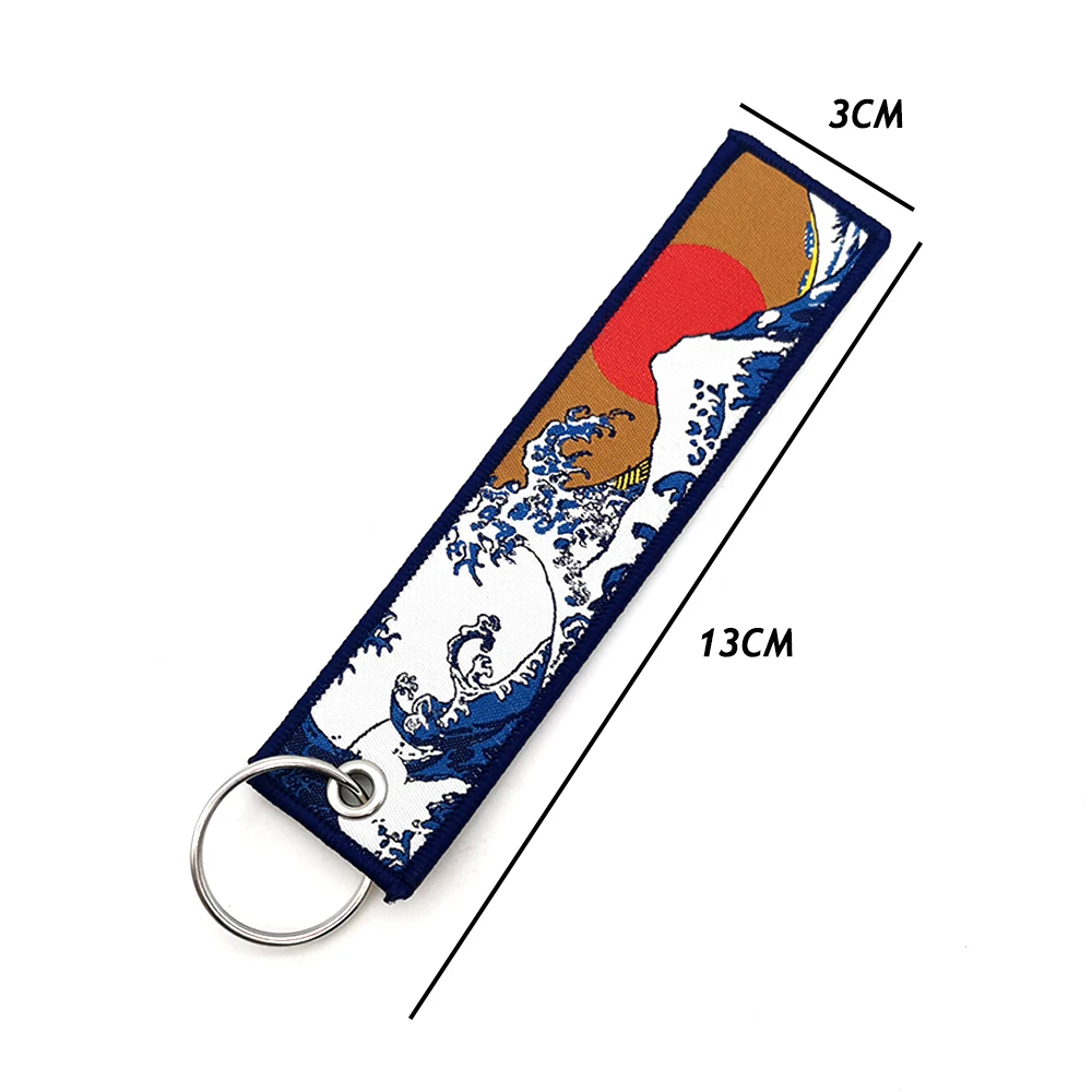 JDM Keychain Hokkaido Waves Fashion Tags Embroidered Short Cloth  Auto Holder KeyRing For Sea Sun Honda Toyota Auto Pendant