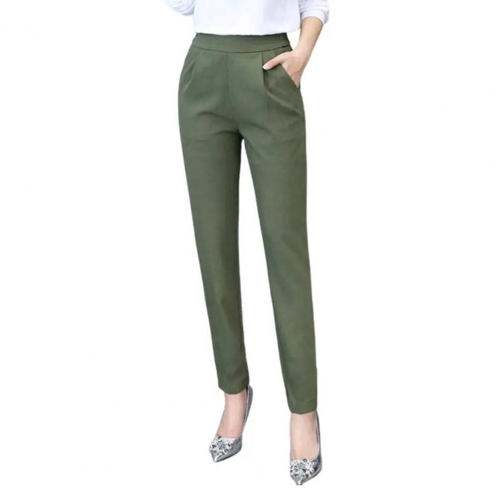 Women Pants Elastic High Waist Solid Color Slim Fit Trousers with Pockets Casual Commuting Style Office Lady Pants