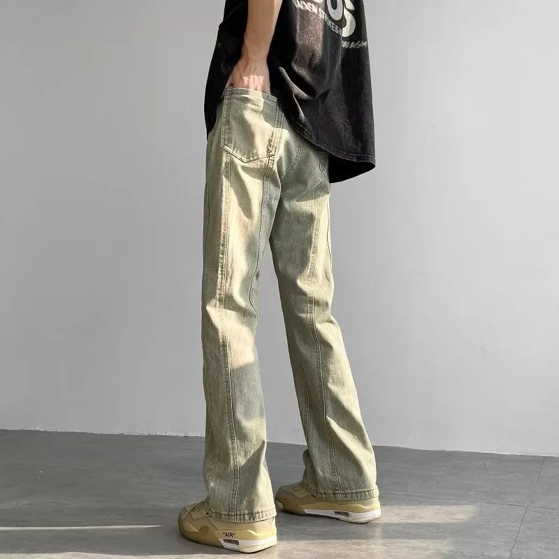

American Vibe Waed Outdated Yellow Clay Dyed Men's Summer INS Trendy Straight Leg Wide Leg Jeans Casual Straight Cut Jeans