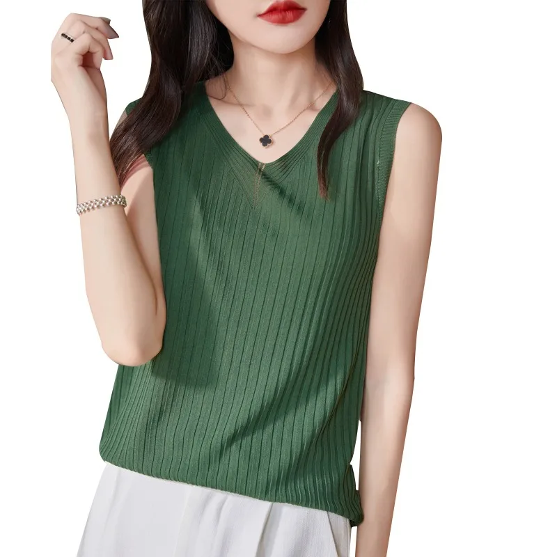 رقيقة الحرير الجليد حزام سترة المرأة الصيف ملابس خارجية محبوك التخسيس V-Ne Svel أعلى عادية Sle لون نقي Faionable #5