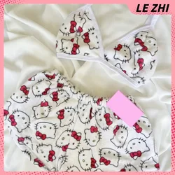 Summer Day Kawaii Hello Kitty 2Pcs Pajama Set Spice Girl Casual Home Shorts Full Print Beach Holiday Set Women Swimming Clothes