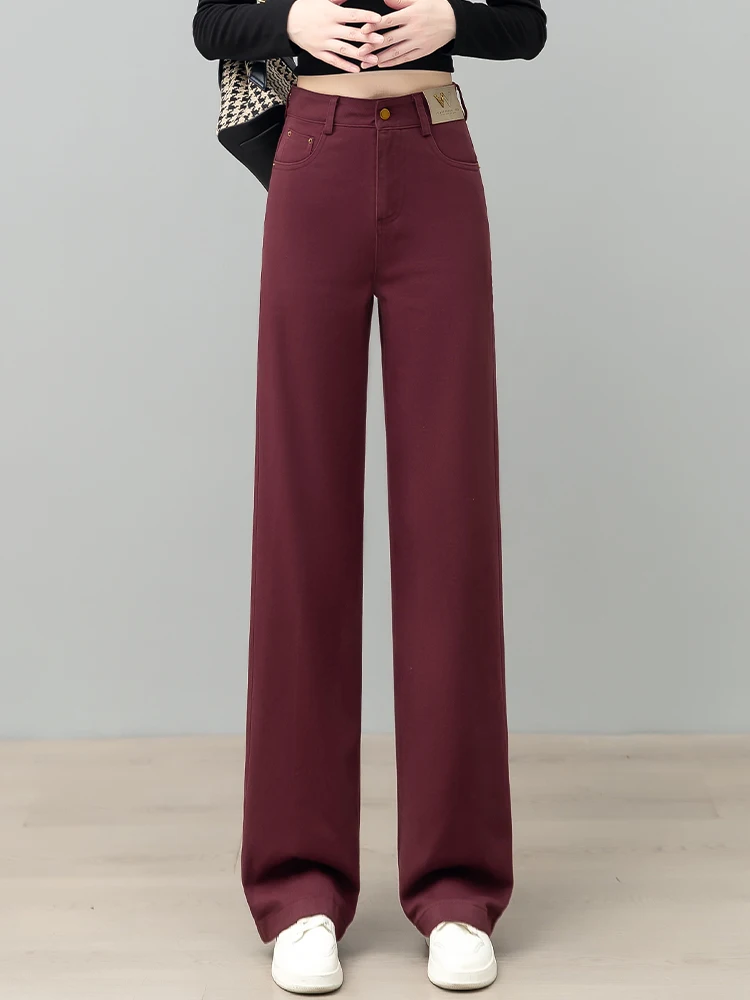 

High Waist Wide Leg Cotton Fleece Lined Loose Fit Straight Cut Casual Jeans for Women Spring Autumn Winter New Arrival