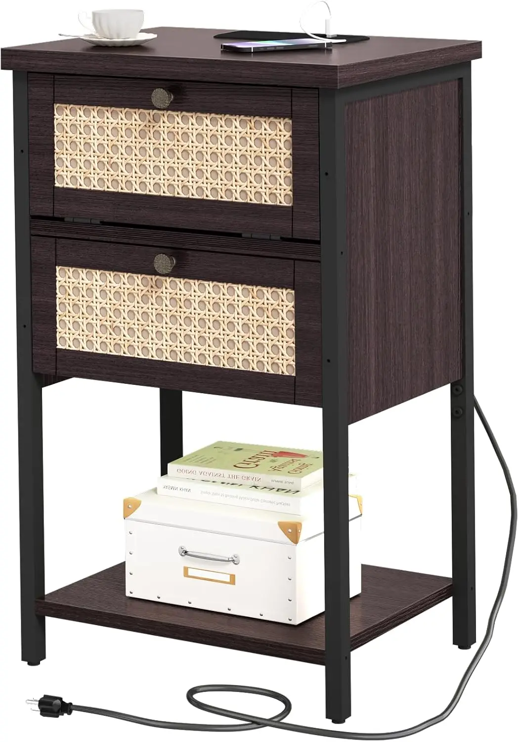 

End Table with Charging Station, 2 Tier Rattan Decorated Nightstand with USB Ports and Outlets, Bedside Table with Drawer