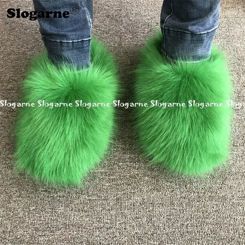 Women Faux Fox Fur Slippers Warm Plush Slides Girls Luxury Furry Shoes Home Cotton Shoes Outdoor Fur Slide Fashion Winter Shoes