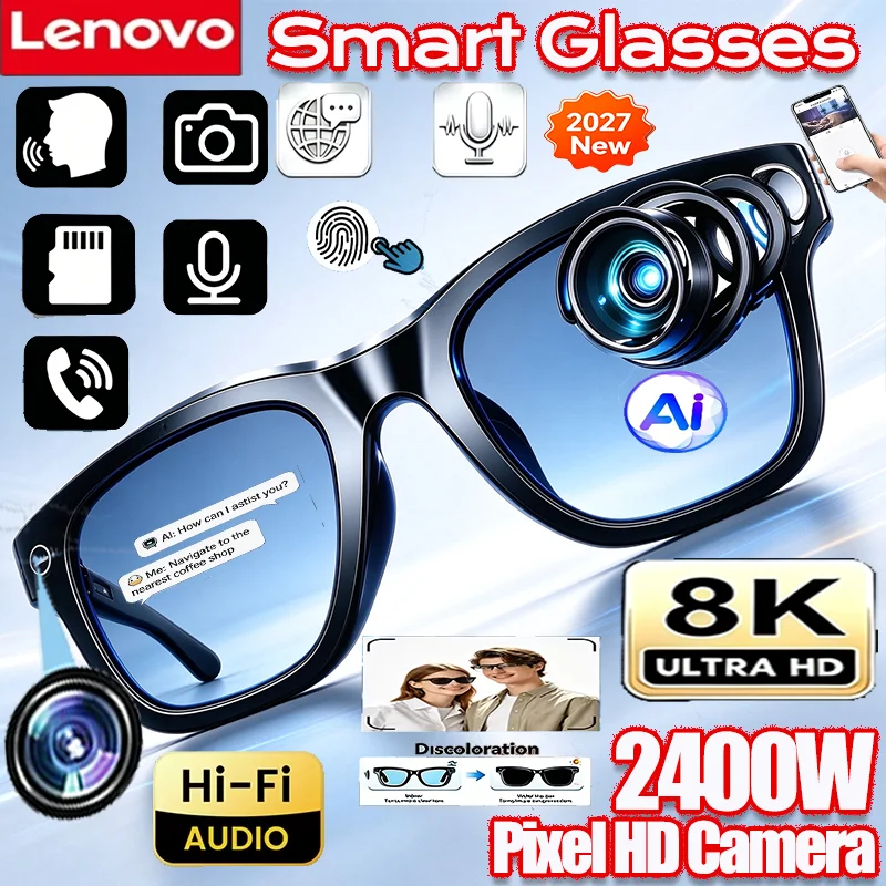 Lunettes intelligentes Lenovo 8K avec caméra, vidéo 2400MP, traduction, appels mains libres, chat IA, enregistrement, lecture de musique, lunettes de soleil intelligentes IA