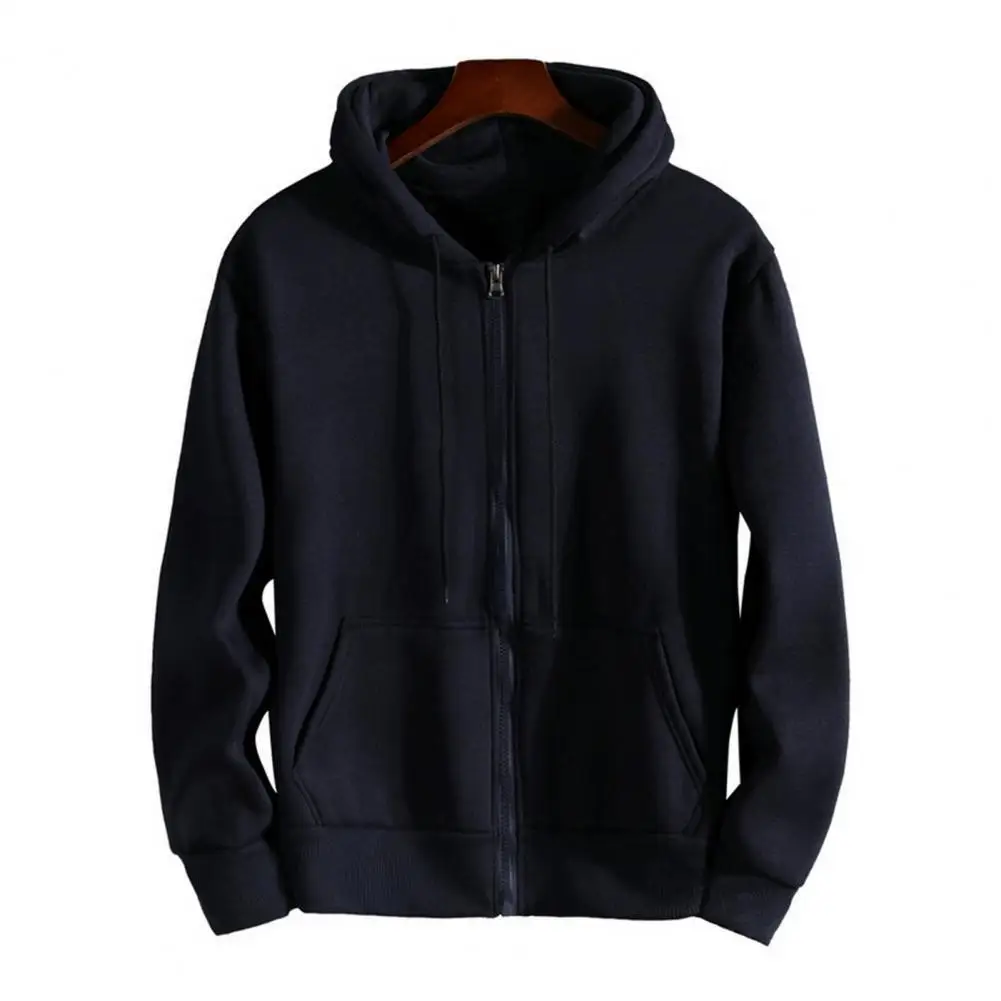 Zipper Closure Hoodie Coat Stylish Men Plush Lined Hoodie Coat with Zipper Placket Drawstring Hood Pockets Long Jackets for Men