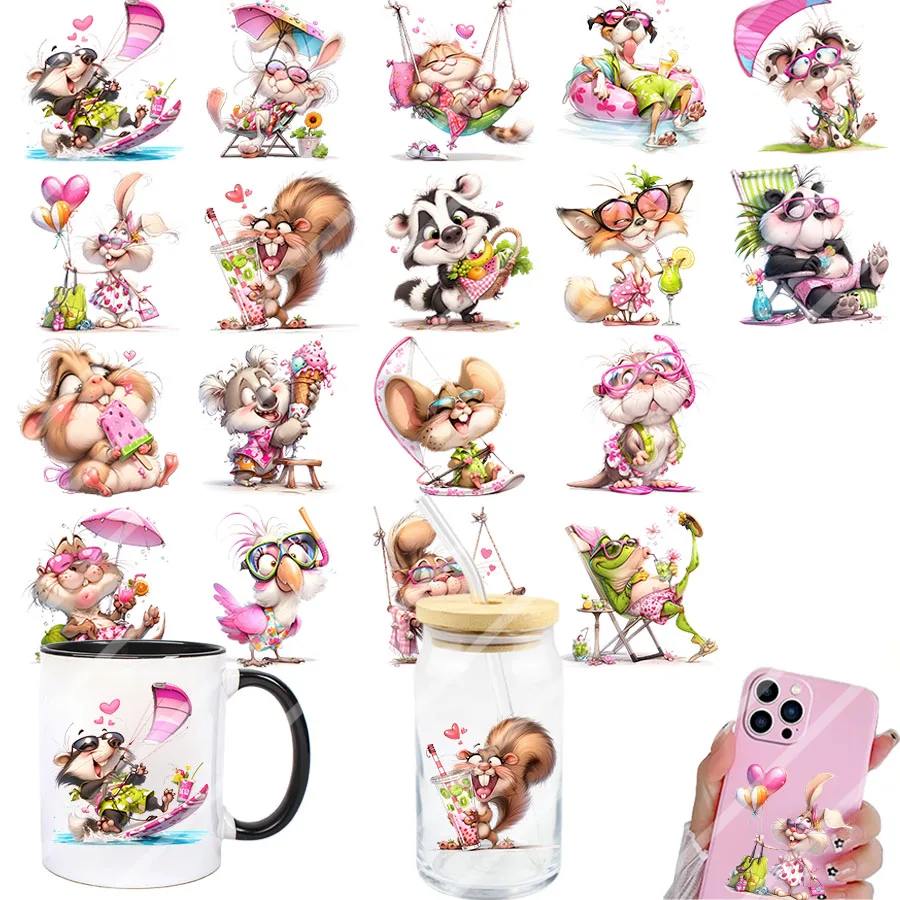 3er-Set Sommer Strandtiere DIY UV DTF Abziehbilder für Tumbler, Gläser, Becher, Kaffeetassen, Karten, Geschenke, Party-Deko
