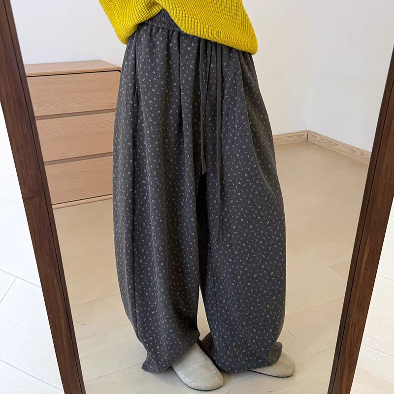 

Новые зимние флисовые женские повседневные брюки в корейском стиле, простые, модные, для ежедневных поездок на работу, с цветочным принтом, утепленные хлопковые брюки-баллоны