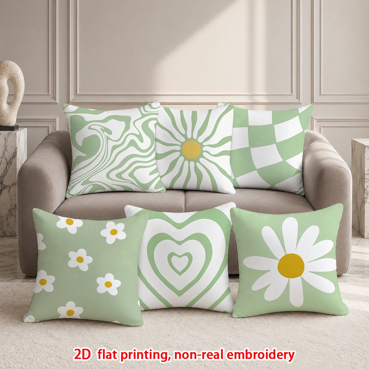 6-teiliges Set Salbeigrüne Boho Kissenbezüge mit Gänseblümchen-, Herz-, Karo- und Wirbelmuster Dekorative Kissenhüllen für Sofa und Schlafzimmer