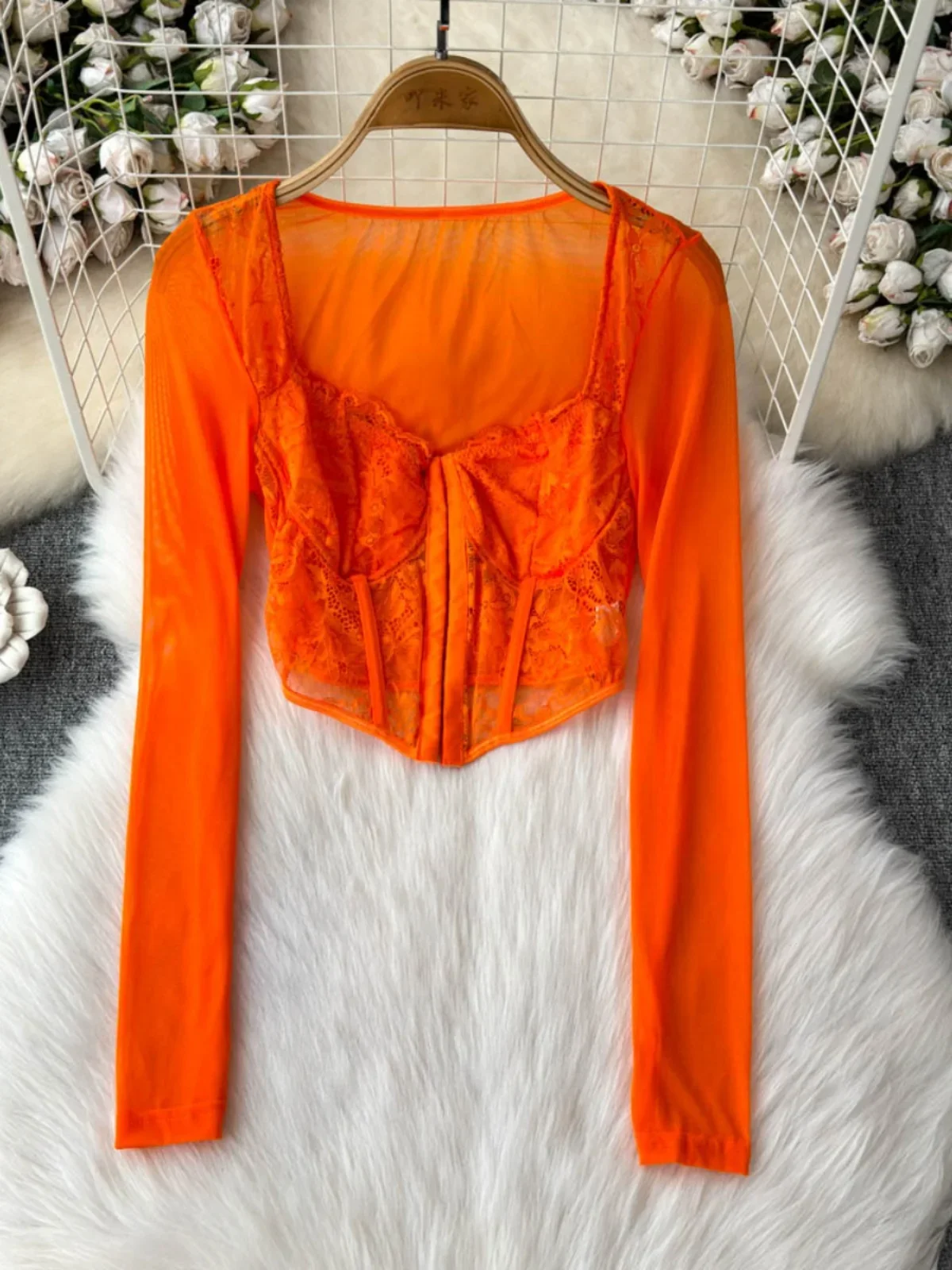 Foamlina Sexy Pure Square Neck Lace Mesh Long Sleeve T-Shirt Female American Spice Girls Elastic Skinny Short Orange Mesh Top