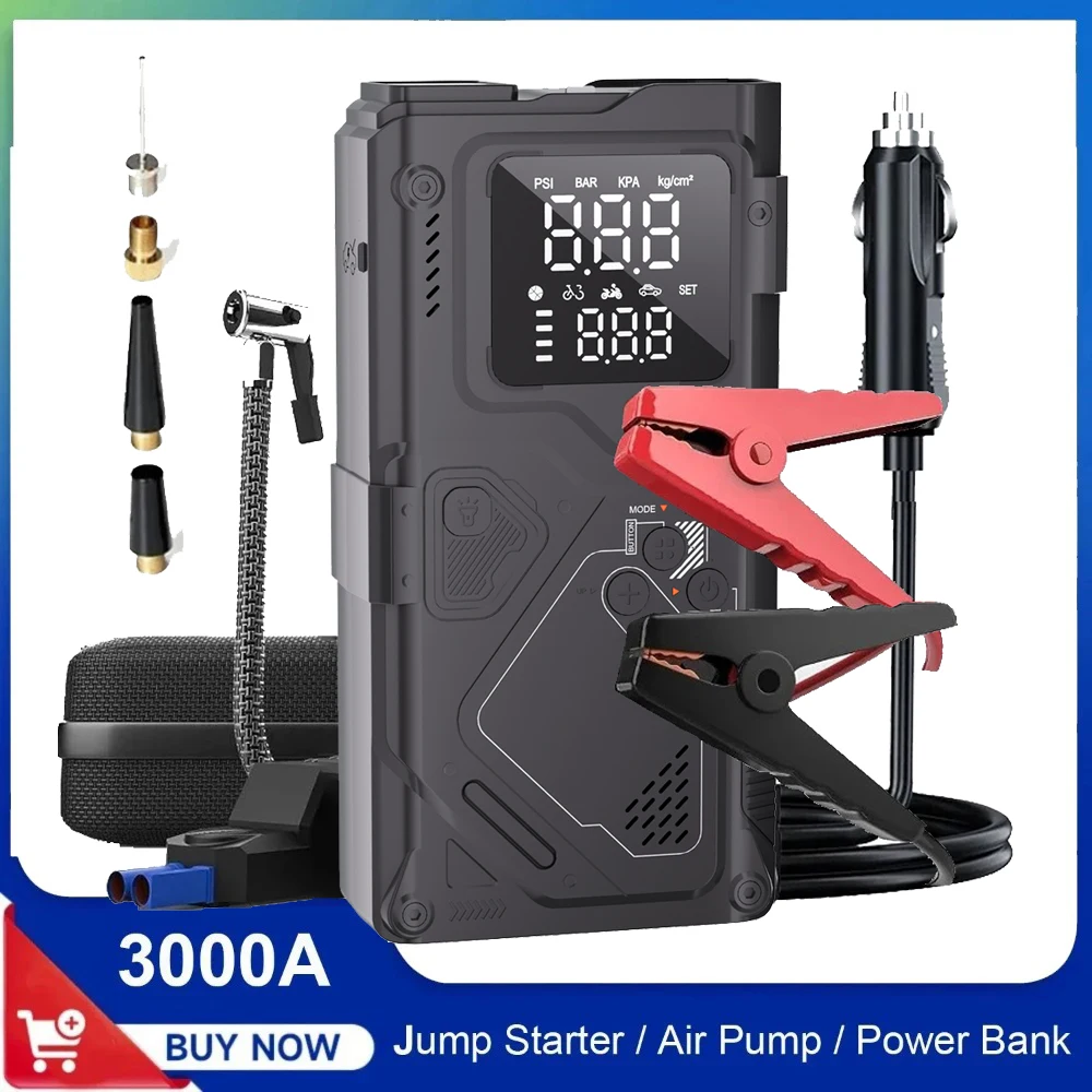 

6 in 1 Jump Starter with Air Pump Peak 3000A Booster 150PSI Tire Inflator 8L Gas/4L Diesel with DC Power Cord 400LM Flashlight