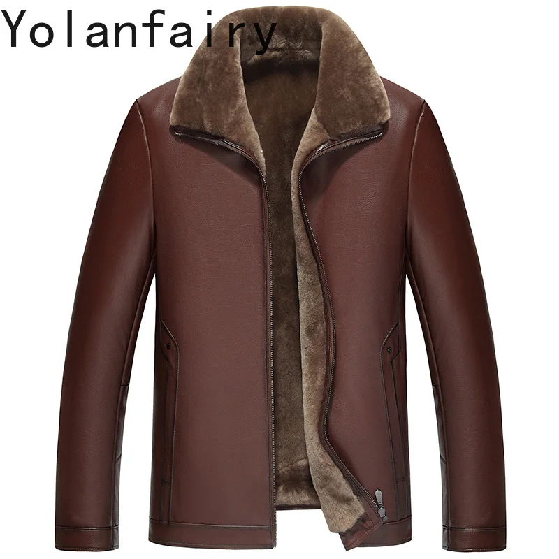 

YOLANFAIRY Высококачественные куртки из натуральной козьей кожи, мужские зимние пальто с шерстяной подкладкой и мехом, мужская куртка из натуральной кожи с короткими лацканами