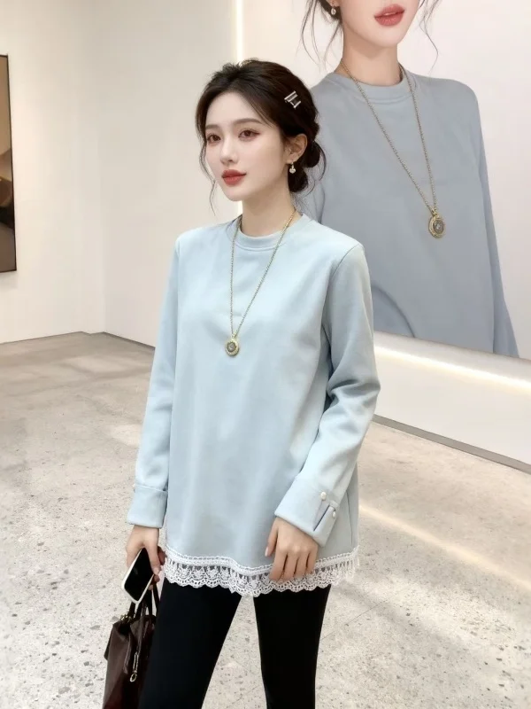 

Женская утепленная свободная толстовка больших размеров с кружевными вставками и длинными рукавами, круглым вырезом, в корейском стиле, новинка весны