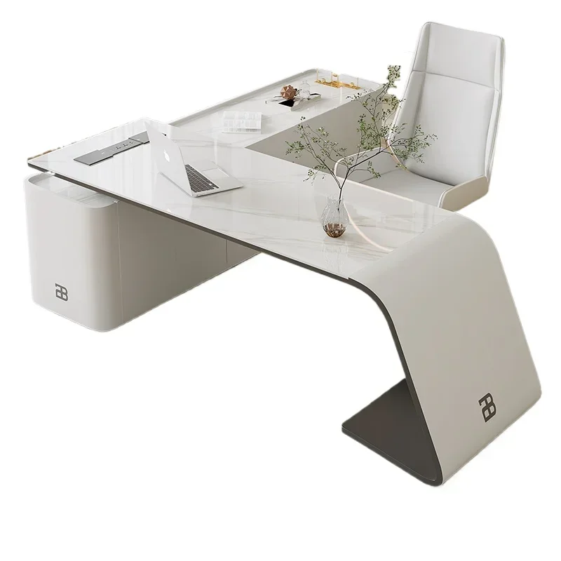 Italian minimalist rock slab desk, study modern simple home L-shaped computer desk, bookcase integrated, light luxury office