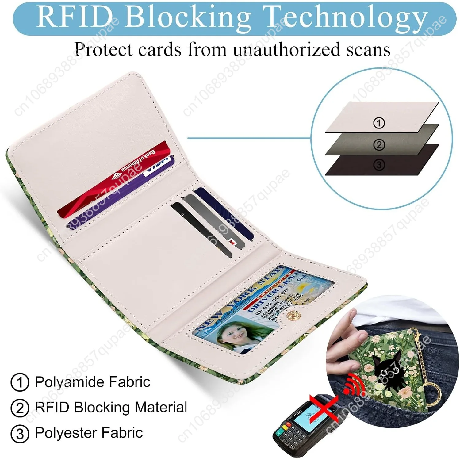 Black Cat Floral Womens Wallet, Small Slim RFID Blocking Card Wallets, Cute Trifold PU Leather Card Holder Wallet Organizer, Min