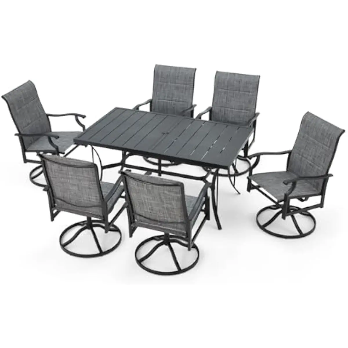 6-Piece Modern Outdoor Dining Set Gray Steel Table with Umbrella Hole Plus Swivel Rocking Chairs Textilene Seats Weatherproof Po