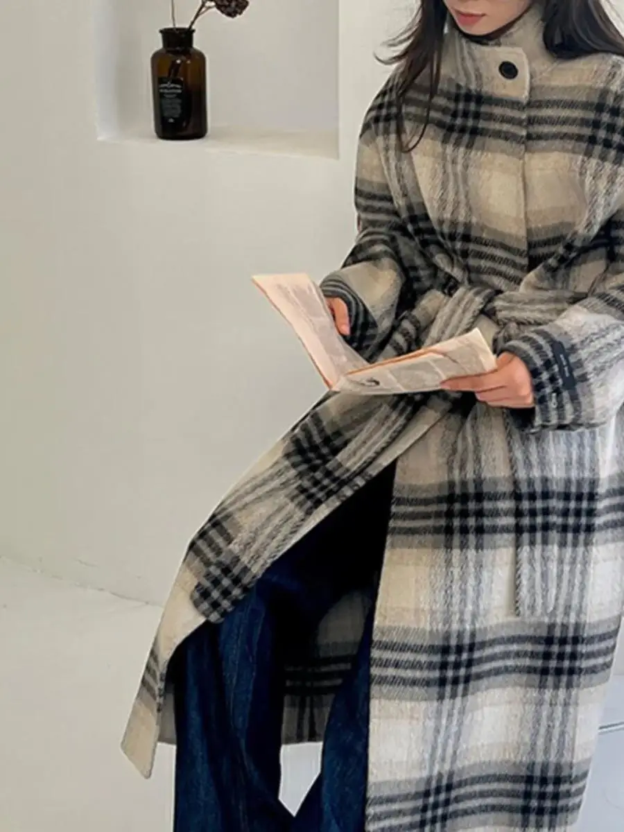 เสื้อโค้ทลายสก๊อตสองด้านสำหรับผู้หญิง แฟชั่นเกาหลีระดับไฮเอนด์ พร้อมเข็มขัด คอตั้ง ผ้านุ่ม สวมใส่สบาย เหมาะสำหรับฤดูหนาว