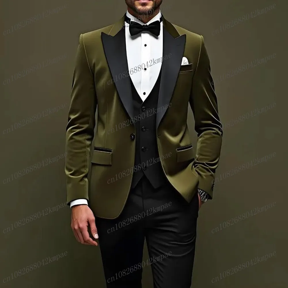

Army Green Velvet And Black Formal Men Suit Groom Groomsman Wedding Party Business Male Tuxedos 3 Piece Set Blazer Vest Pants