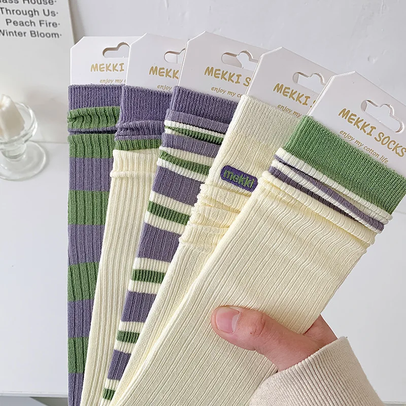 Spring and summer new bamboo cotton purple women's socks letter striped women's double needle with heel mid-tube socks