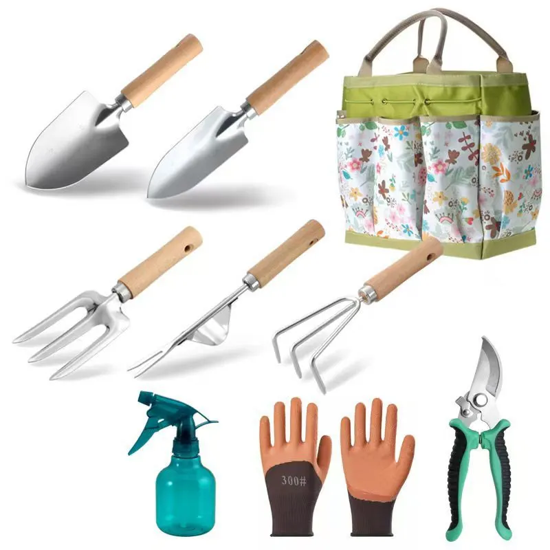 Gardening Tool Set Stainless Steel Small Shovel Beech Wood Handle Loose Soil Garden Hand Tool with Carry Bag