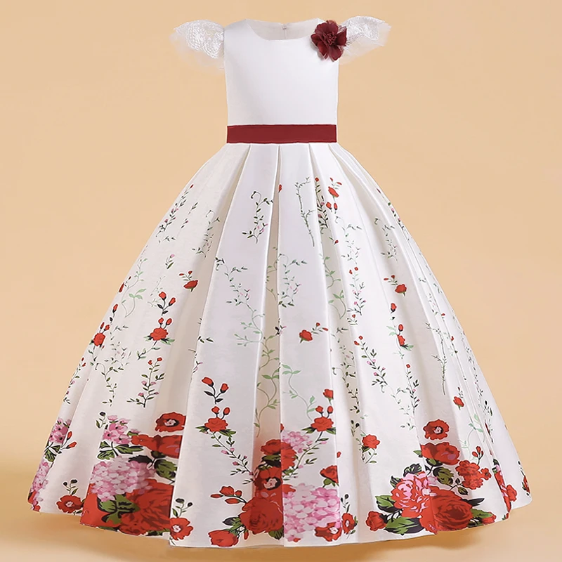 Summer Red Flower Kids Party Dress For Girls Children Costume Print Princess Dresses Girl Party Dress Vintage Gown 5-12Y