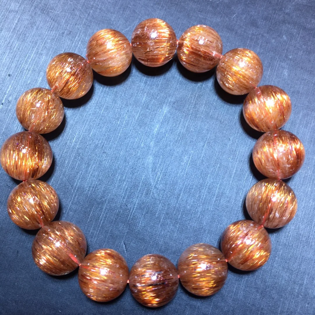 Natural Copper Rutilated Quartz Cat Eye Bracelet 13.4mm Rutilated Cat Eye Clear Round Beads Women Man Bracelet AAAAAA