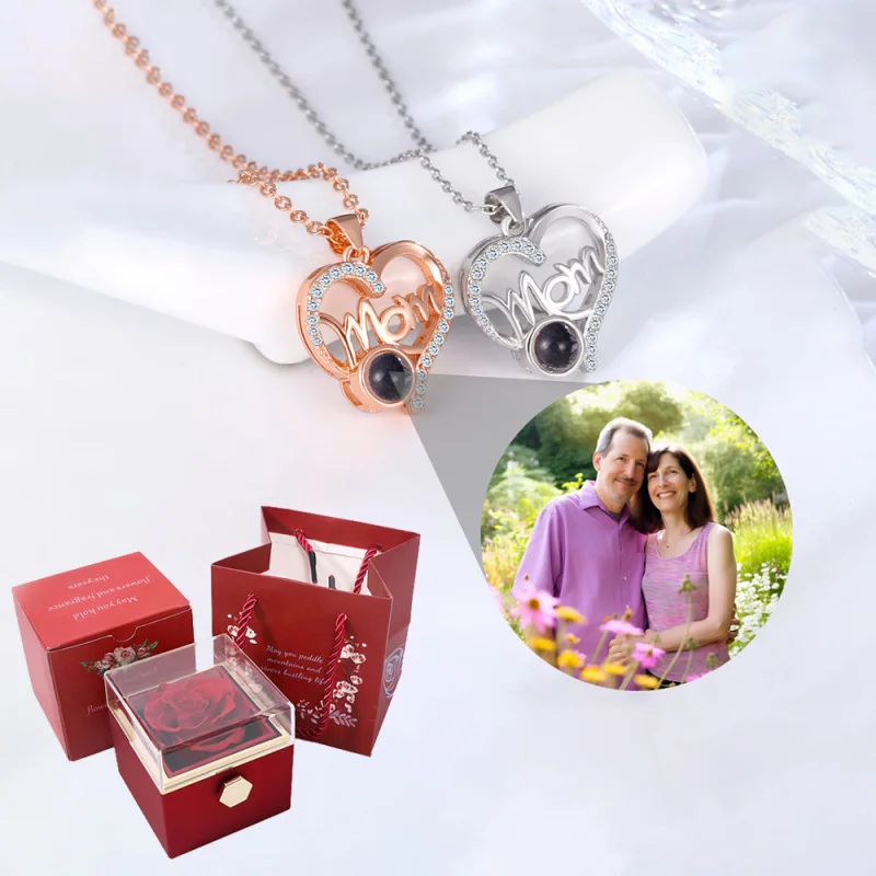 

Custom Color Photo Projection Necklace Heart Pendant With Rose Gift Box 2025 New Hot For Women Girlfriend Festival Romantic Gift