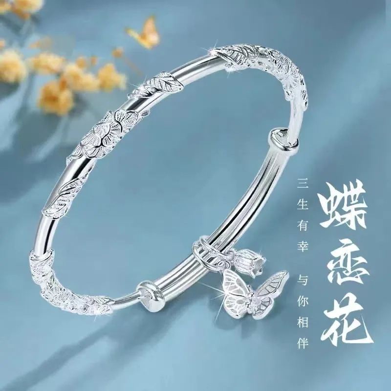 

Blooming Flowers Bracelet Women, S999 Solid Silver Bangle, Fashionable and Versatile