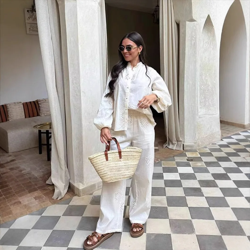 여성 봄 새로운 중공 흰색 레이스 셔츠 & 높은 허리 탄성 투피스 세트 솔리드 컬러 패션