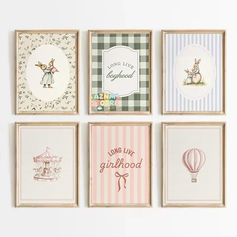 （2D Canvas painting） Vintage Carousel Hot Air Ballon Floral Rabbit Mother&Baby Girlhood Poster Canvas Painting Wall Art Pictu