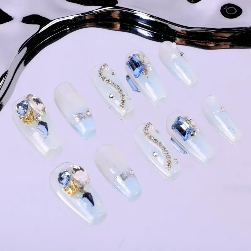 

10pcs Handmade Press On Nails Ice Transparent Fake Nails With Blue Rhinestone Chain Design Glossy