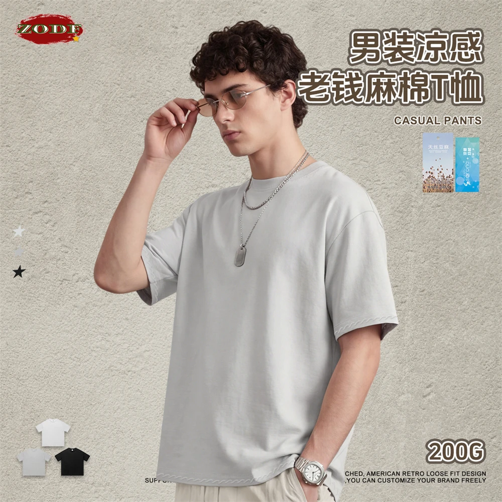 ZODF Fashion Summer Old Money Style 200gsm T Shirts For Man Unisex Breathable Quick Dry Linen Loose T-Shirt Brand Tees HY1273