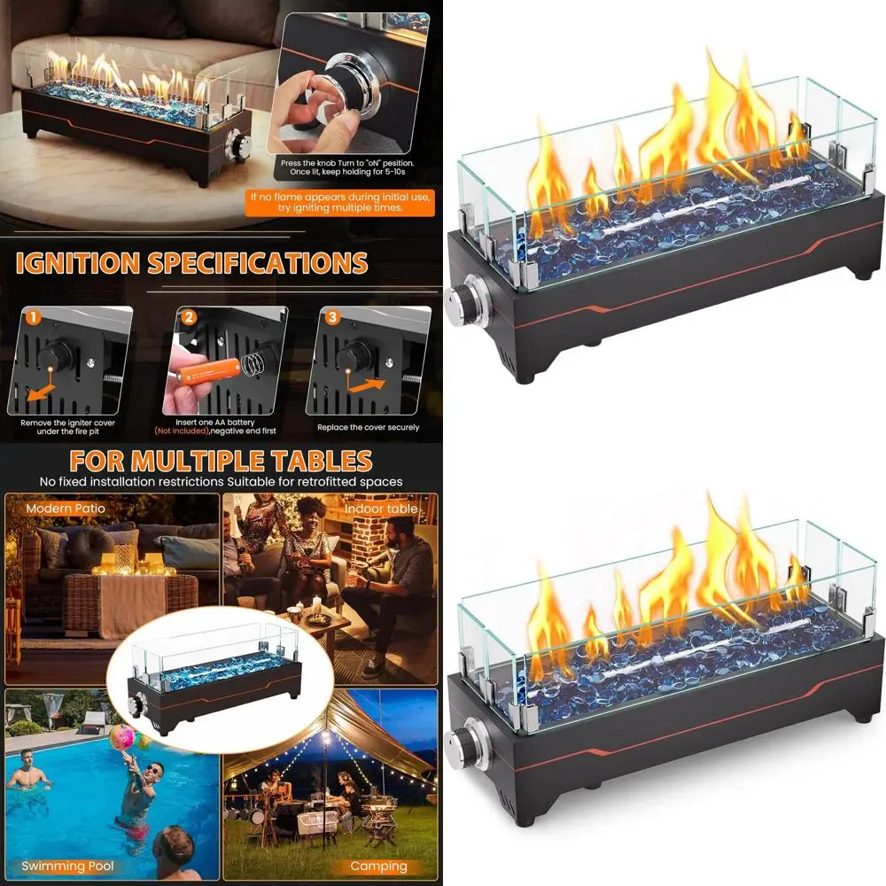 

Portable 20 Propane Fire Pit Table with 40,000 BTU, Stainless Steel, Wind Guard Glass, Ideal for Outdoor & RV Use