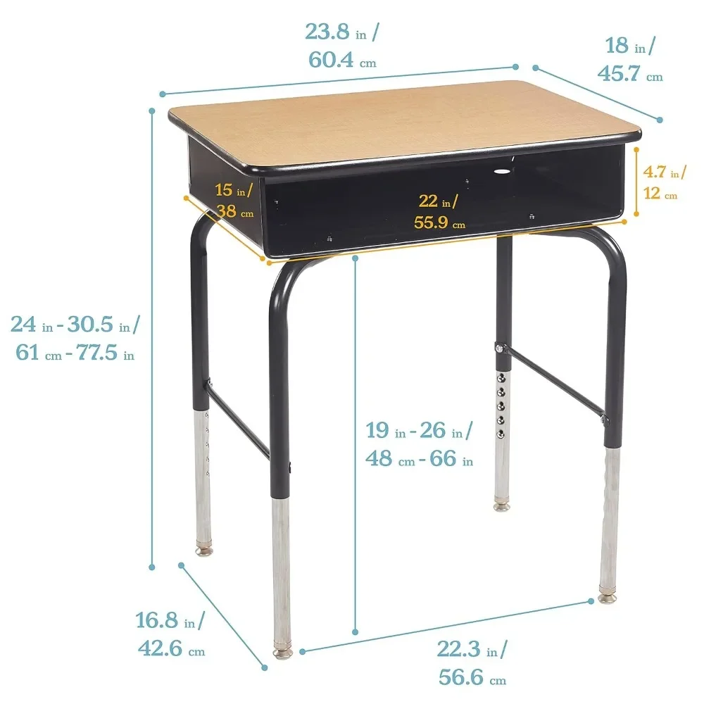 Open Front Desk with Metal Storage Book Box, Classic School Desk with A Spacious Work Surface and Oversized Metal Book Box