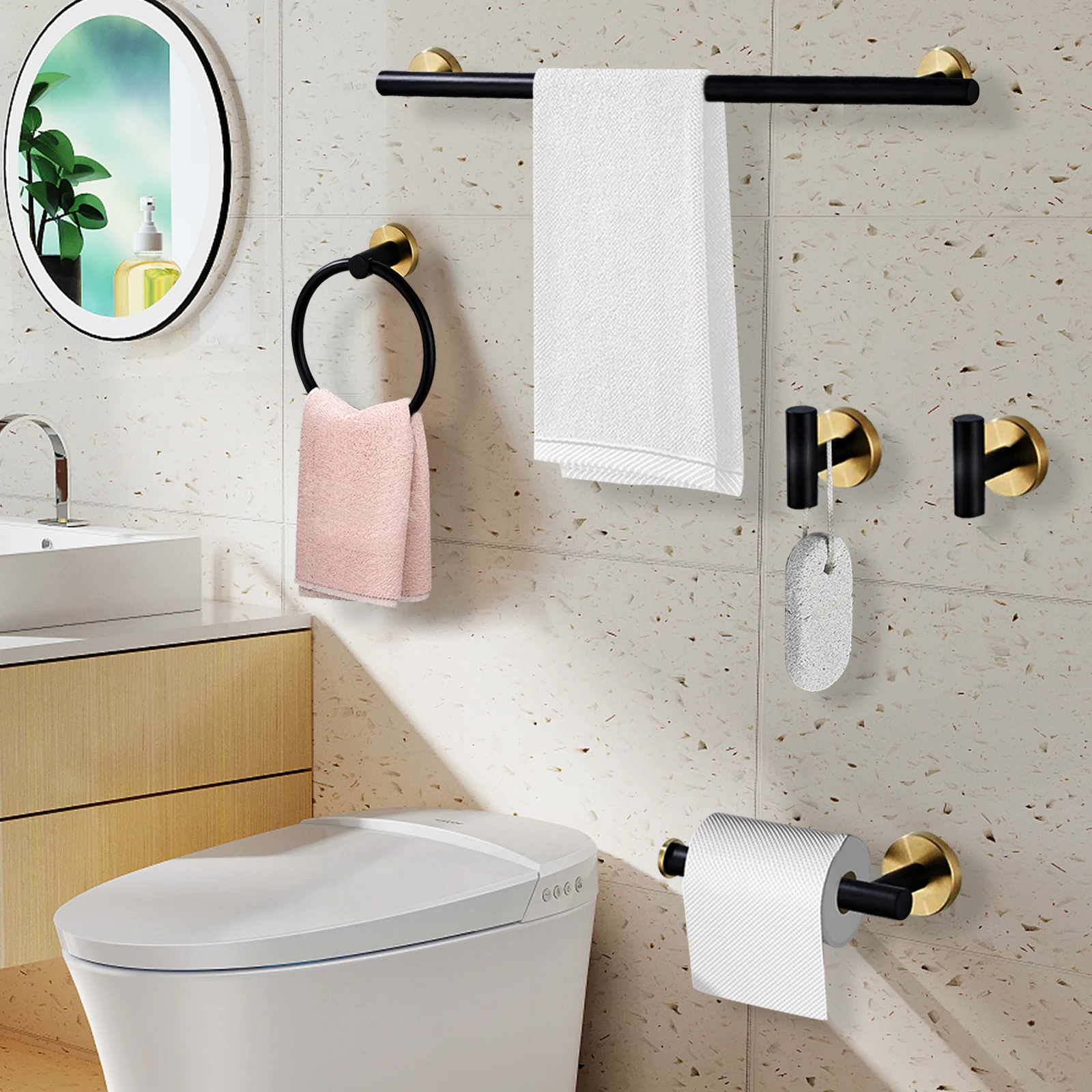 

Bathroom Hardware Set 5Pieces Wall Mounted Coated Towel Bar Toilet Paper Holder Rack