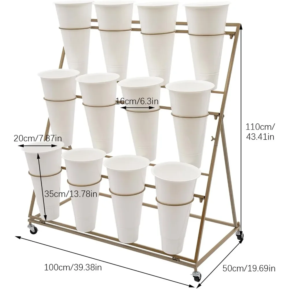 Metal Heavy Duty Moving Plant Cart Shelf - 3-Layer Movable Flower Display Stand with 12 Buckets for Indoor & Outdoor Use (White)