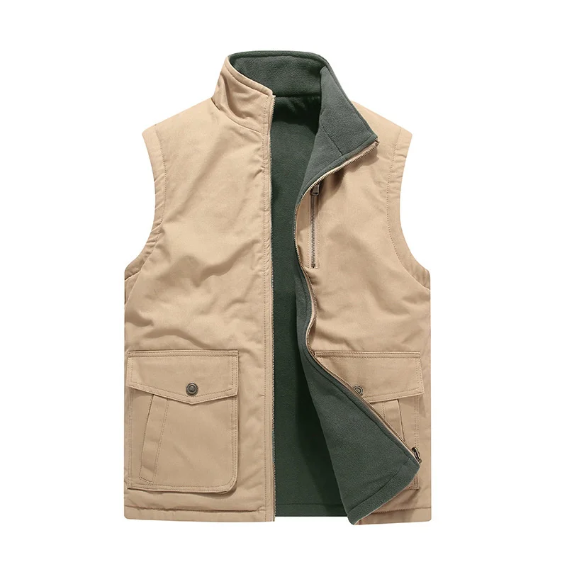 Pure Cotton Men's Double-sided Vest Outdoor Fishing Hiking Labor Hunting Warmth Large Size Fleece Waistcoat Multiple Pockets