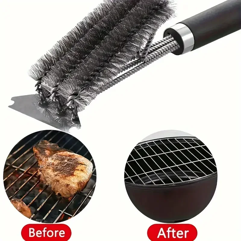 1 piece, professional three-end barbecue brush with spatula, stainless steel bristles, long handle-kitchen and barbecue utensils