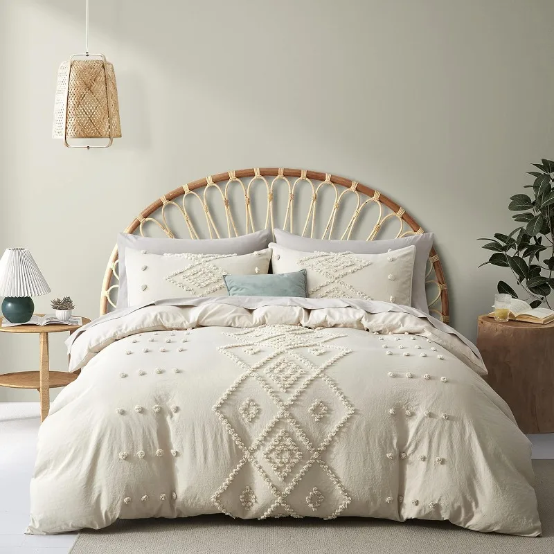 Soft and Lightweight Duvet Covers Collection for All Seasons, 3 Pieces of Bohemian Embroidery Shabby-chic Bedding