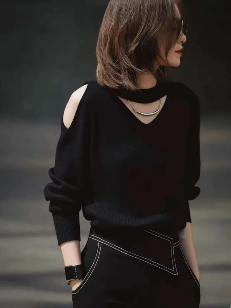 

Bla V-ne oulder-baring Knitwear Women's Loose Autumn Winter Faion Ele Sle Comfortable Feeling Good Looking Top