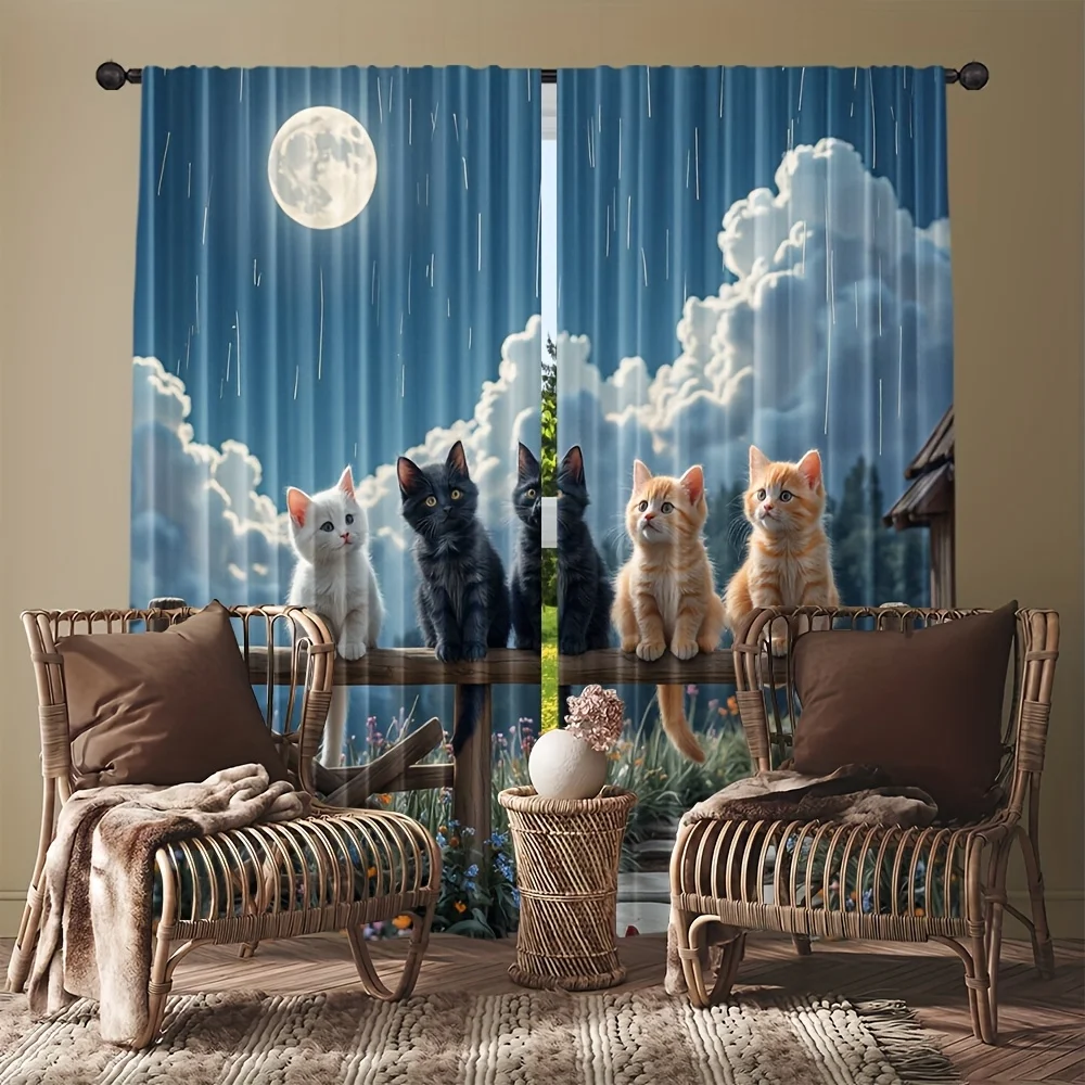 2 Panels Cute Cats on Fence Under Full Moon Night Sky Curtains Moonlit Clouds Decorative for Bedroom Living Room Home Decor