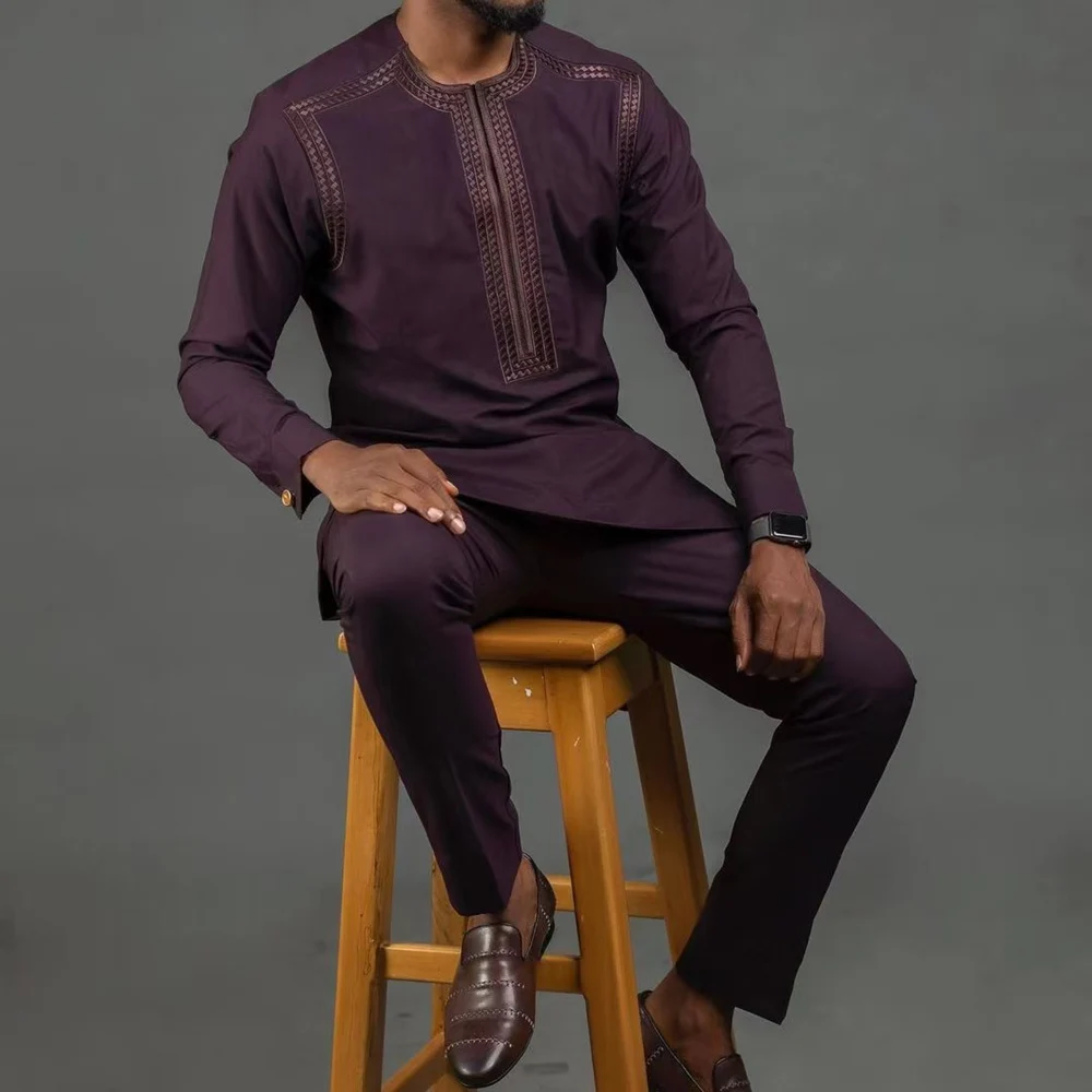 Novo Conjunto de 2 Peças de Roupa Masculina Tradicional Africana de Luxo com Bordado, Traje Completo Elegante, Conjunto de Calças Masculinas para Vestir, Traje Étnico Dashiki Kaftan