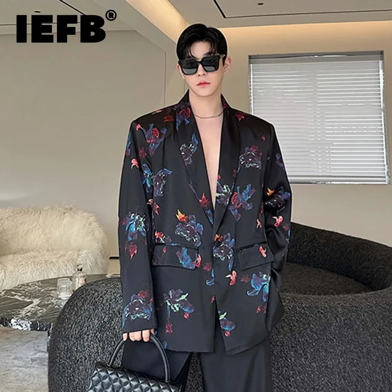 IEFB Floral Printing Men's Suit Jacket Menwear V-neck Single Button Blazer New Contrast Color Fashion Male Top Niche 2024 9C5957